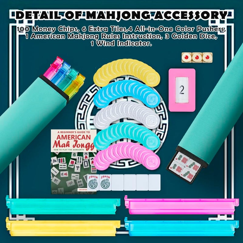 FARINOK American Mahjong Tile Set, 166 White Tiles with Light Green Bag and Accessories, 4 All-in-One Color Pusher and Racks, Mah jongg Sets with 3 Golden Dics (Ma Jong) - Image 3