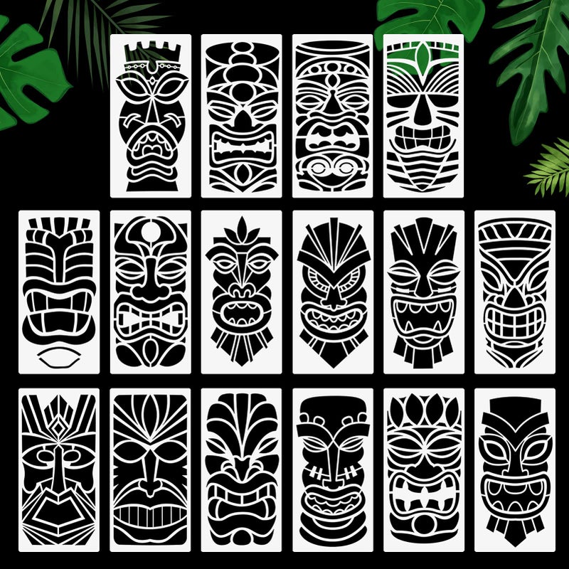 Tiki Tribe Stencils 16 Pcs Tiki Totems Face with Open Mouth Stencils Reusable Template A4 Size for Painting on Wood Fabric Canvas Wall DIY Art Projects 6x 12
