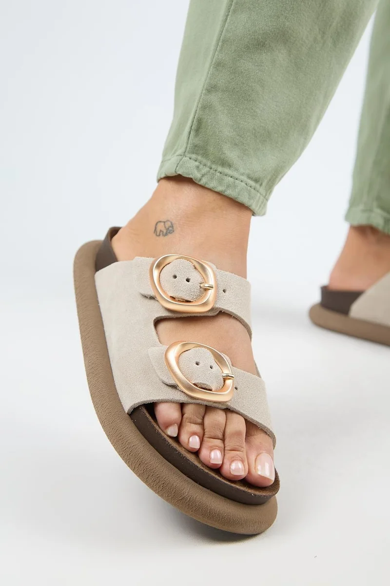 Manijero Manijero Narducci Women's Genuine Leather Double Buckle Beige Slippers
