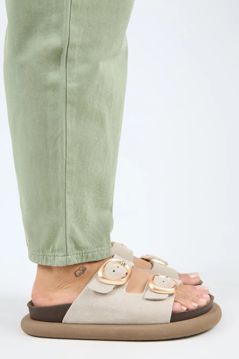 Manijero Manijero Narducci Women's Genuine Leather Double Buckle Beige Slippers