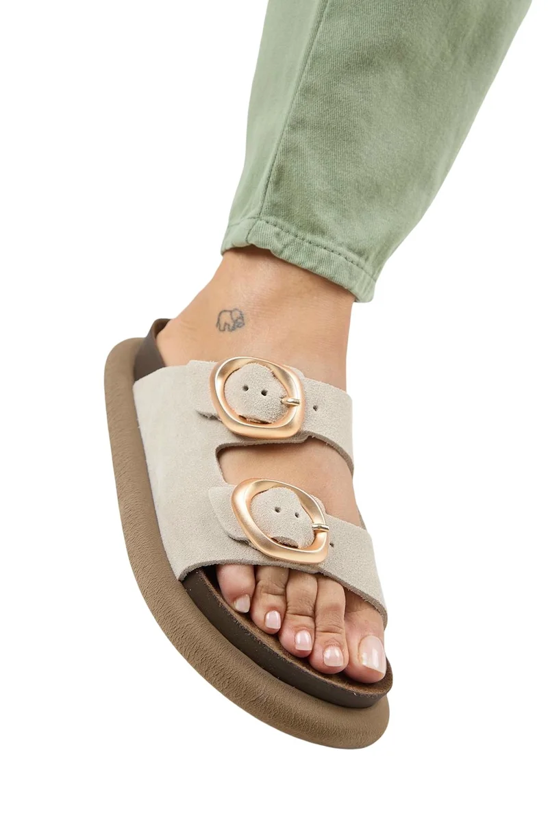 Manijero Manijero Narducci Women's Genuine Leather Double Buckle Beige Slippers