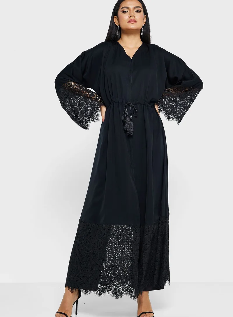 Khizana Lace Trim Abaya With Sheila
