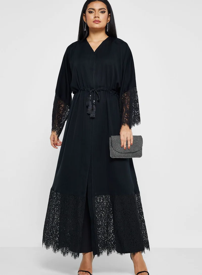 Khizana Lace Trim Abaya With Sheila