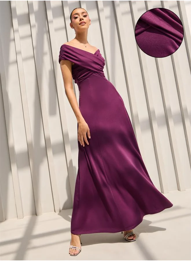 Styli Off Shoulder Neck Pleated Detail A-Line Maxi Dress