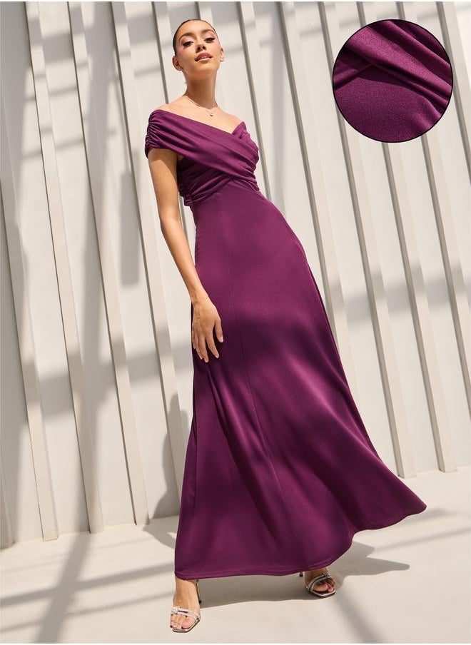 Styli Off Shoulder Neck Pleated Detail A-Line Maxi Dress  - Image 1