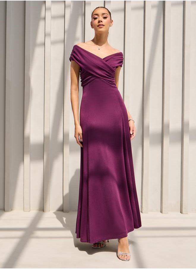 Styli Off Shoulder Neck Pleated Detail A-Line Maxi Dress  - Image 2