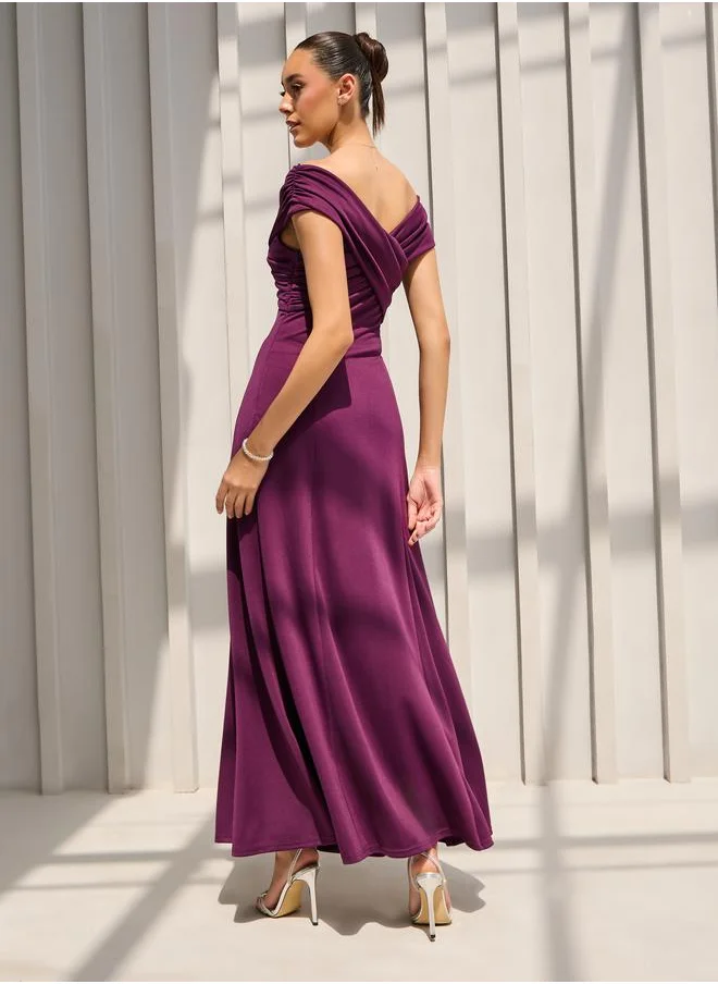 Styli Off Shoulder Neck Pleated Detail A-Line Maxi Dress