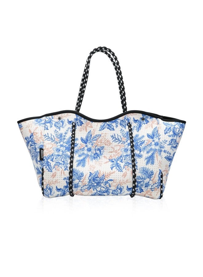 SURQO Neoprene Beach Bag for Women & Men, Large Travel Tote Gym & Pool Bag, Detachable Pouch, Royal Blooms, Medium, Royal Blooms Travel Tote Bags - Image 1