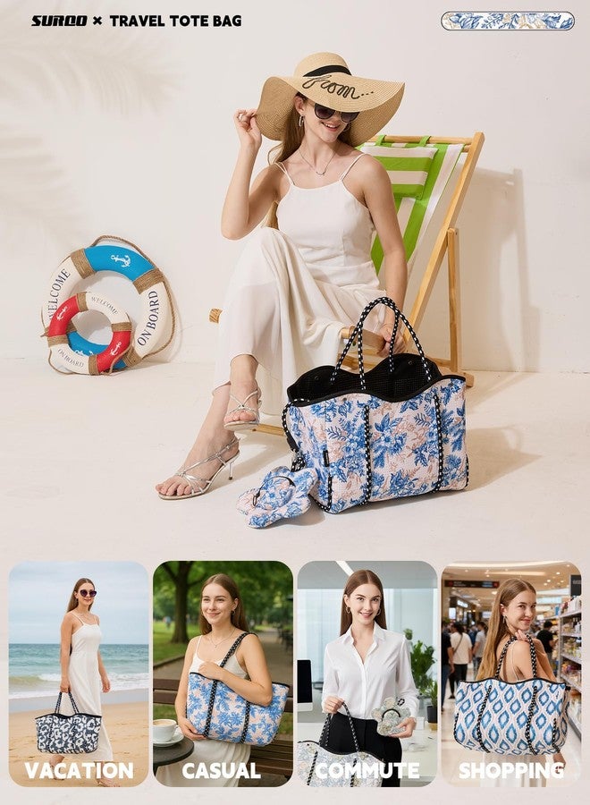 SURQO Neoprene Beach Bag for Women & Men, Large Travel Tote Gym & Pool Bag, Detachable Pouch, Royal Blooms, Medium, Royal Blooms Travel Tote Bags - Image 3
