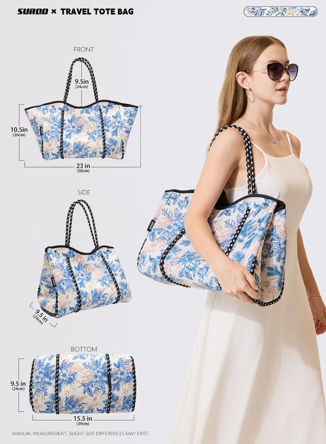 SURQO Neoprene Beach Bag for Women & Men, Large Travel Tote Gym & Pool Bag, Detachable Pouch, Royal Blooms, Medium, Royal Blooms Travel Tote Bags - Image 2