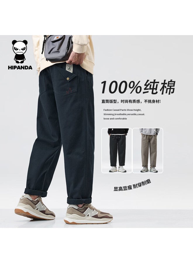 Hipanda Men's Casual Pants Autumn Winter American Style Pure Cotton Loose Straight Fit Sports Versatile Workwear Long Pants Navy Blue M
