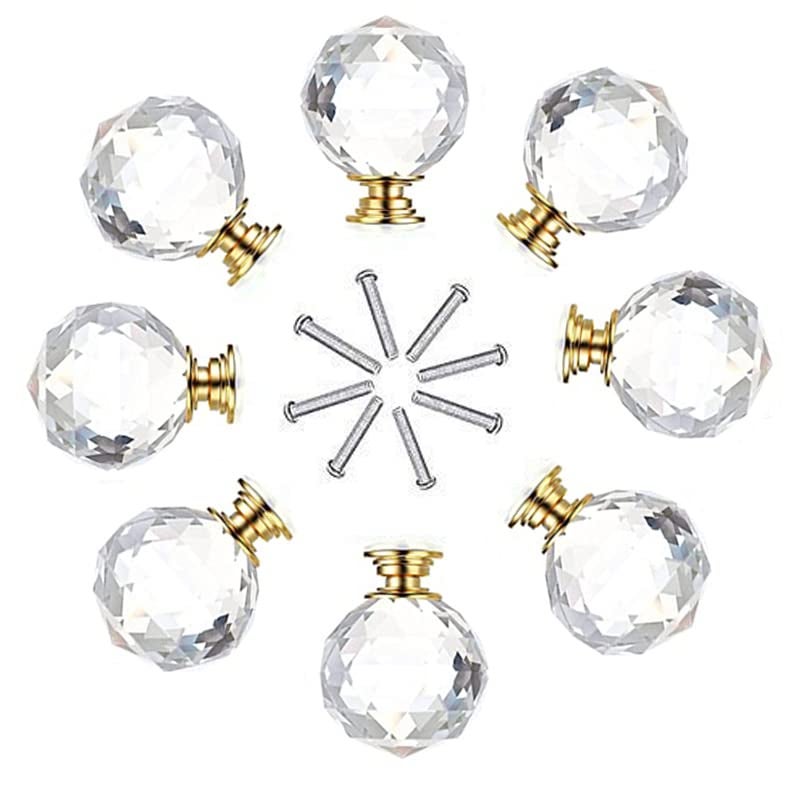 J P Hardware Clear Glass Crystal Cabinet Knobs/Glass Dresser Knobs Pack of 8 (30mm) (Round Gold Knob) - Image 1