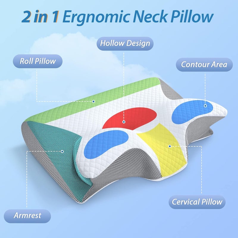 HOMCA Memory Foam Pillow, 2 in 1 Neck Support Pillow for Sleeping, Ergonomic Bed Pillow for Side Back Stomach Sleepers(Gray) - Image 3
