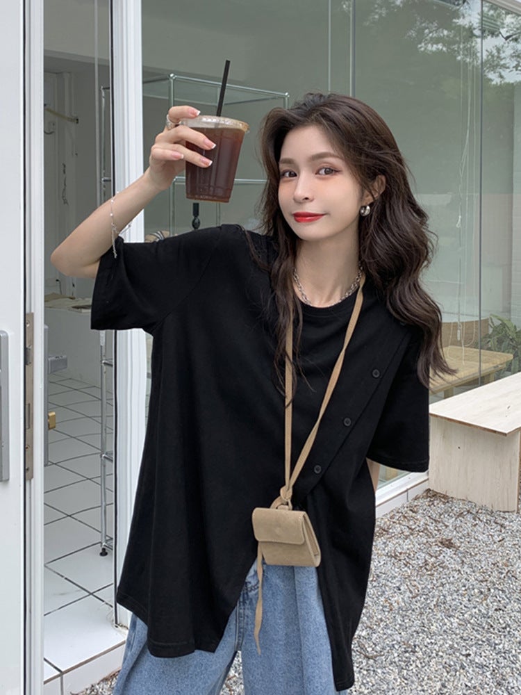 Slit T-Shirt For Women, Summer Short-Sleeve, Stylish Design, Irregular Harajuku Style, Loose Fit, Trendy Internet Celebrity Student Top - Image 4