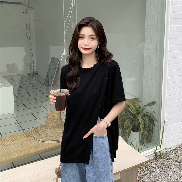 Slit T-Shirt For Women, Summer Short-Sleeve, Stylish Design, Irregular Harajuku Style, Loose Fit, Trendy Internet Celebrity Student Top - Image 1