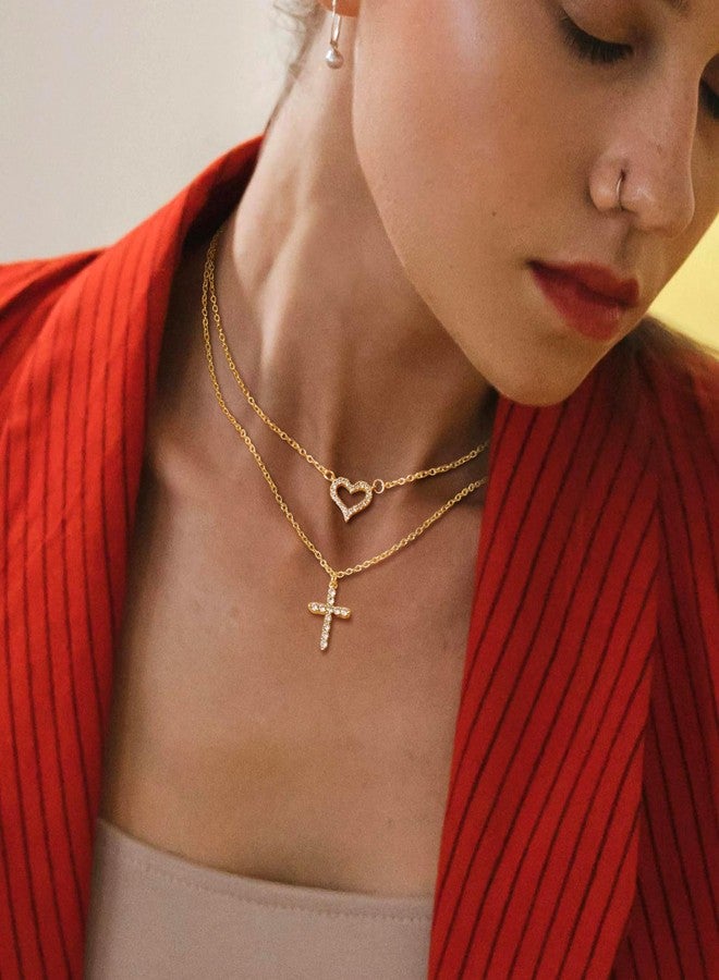 MJust 14K Gold Plated Layered Necklaces, Cubic Zirconia Heart and Cross Pendant Stack Necklace for Women Men - Image 5