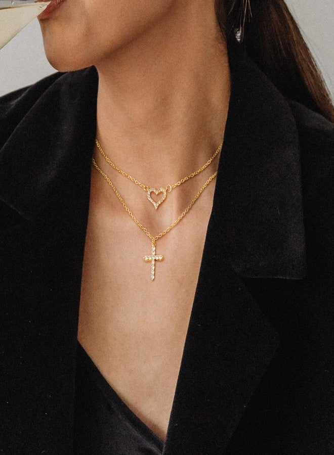 MJust 14K Gold Plated Layered Necklaces, Cubic Zirconia Heart and Cross Pendant Stack Necklace for Women Men - Image 3