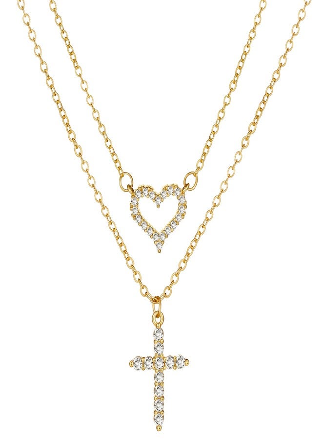 MJust 14K Gold Plated Layered Necklaces, Cubic Zirconia Heart and Cross Pendant Stack Necklace for Women Men - Image 1