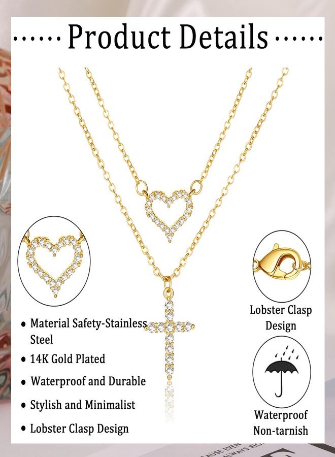 MJust 14K Gold Plated Layered Necklaces, Cubic Zirconia Heart and Cross Pendant Stack Necklace for Women Men - Image 2