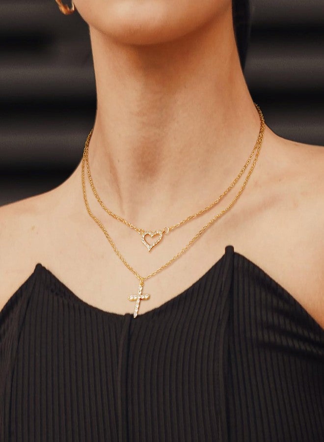MJust 14K Gold Plated Layered Necklaces, Cubic Zirconia Heart and Cross Pendant Stack Necklace for Women Men - Image 4