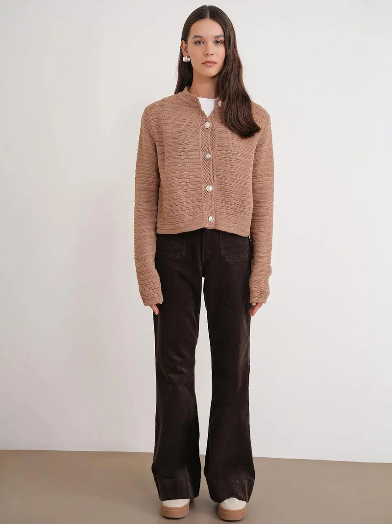 MixRay Mixray Ribbed Knit Crop Cardigan with Button Closure