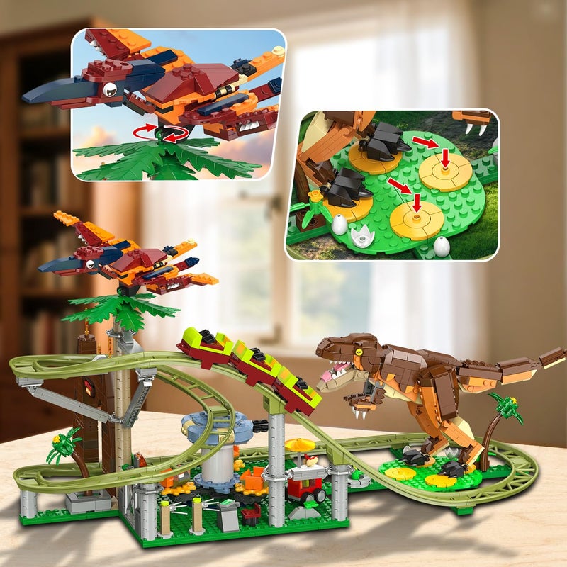 HOGOKIDS Dinosaur Roller Coaster Building Set - 1222 PCS Roller Coaster Building Toy with 4 Dinosaur, Off-Road Vehicle, Food Cart, Dinosaur Models Playset, Gifts for Adults Girls Boys Ages 8-12 Years - Image 5