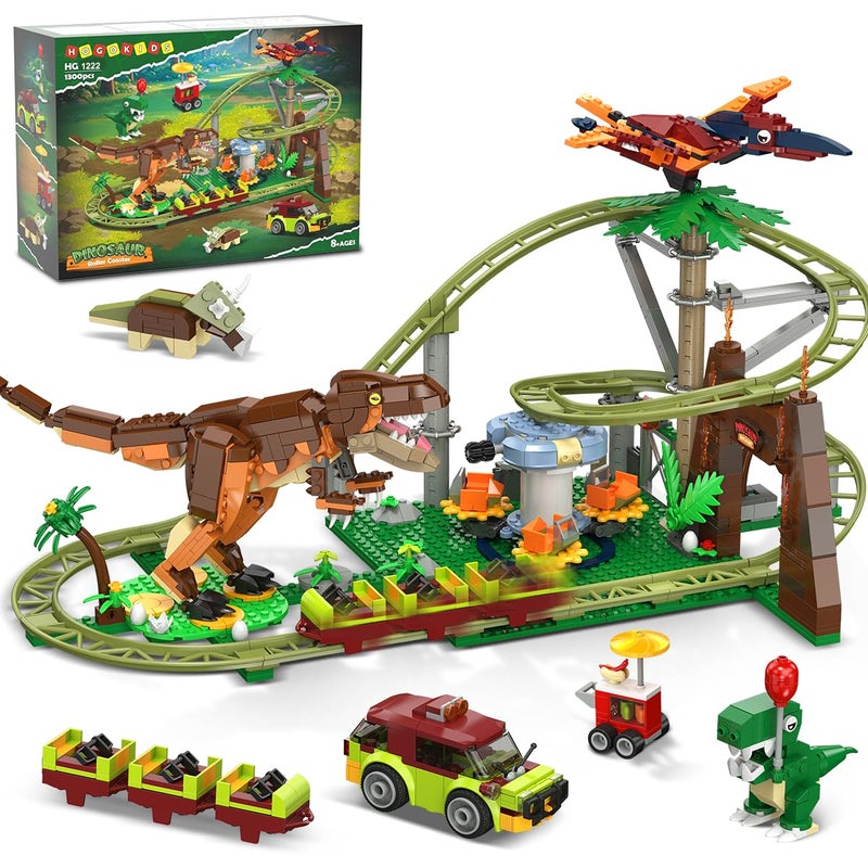 HOGOKIDS Dinosaur Roller Coaster Building Set - 1222 PCS Roller Coaster Building Toy with 4 Dinosaur, Off-Road Vehicle, Food Cart, Dinosaur Models Playset, Gifts for Adults Girls Boys Ages 8-12 Years - Image 1