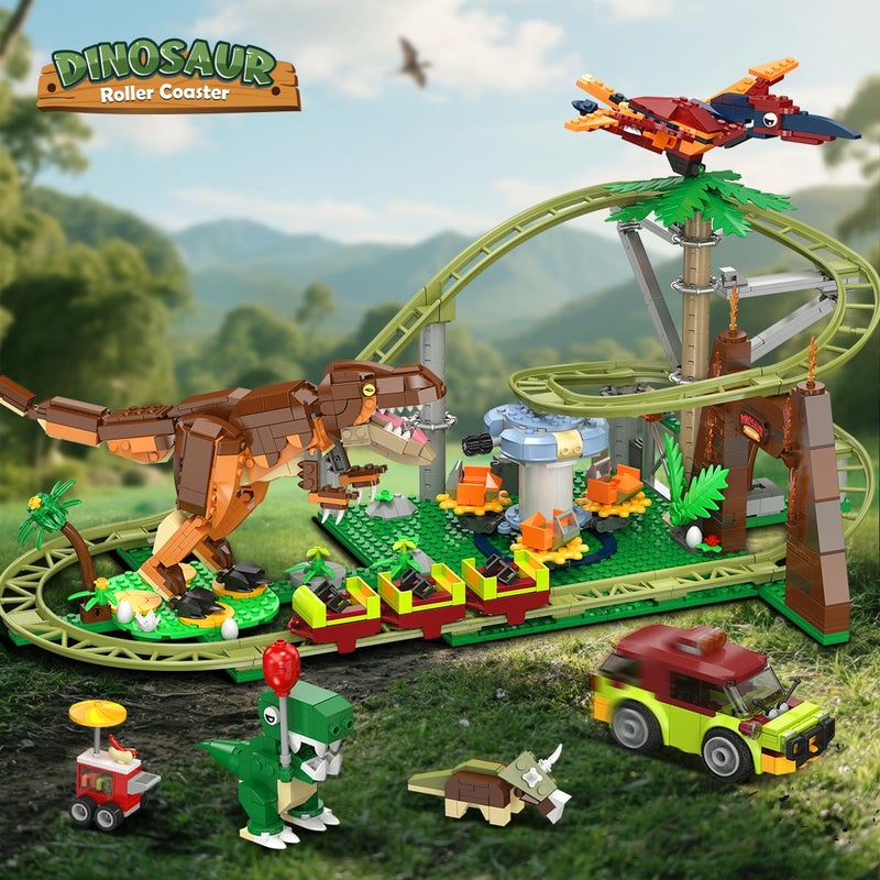 HOGOKIDS Dinosaur Roller Coaster Building Set - 1222 PCS Roller Coaster Building Toy with 4 Dinosaur, Off-Road Vehicle, Food Cart, Dinosaur Models Playset, Gifts for Adults Girls Boys Ages 8-12 Years - Image 2
