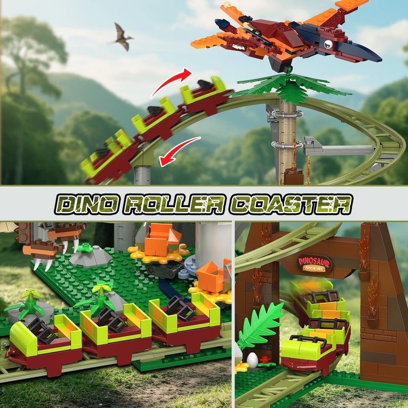 HOGOKIDS Dinosaur Roller Coaster Building Set - 1222 PCS Roller Coaster Building Toy with 4 Dinosaur, Off-Road Vehicle, Food Cart, Dinosaur Models Playset, Gifts for Adults Girls Boys Ages 8-12 Years - Image 4