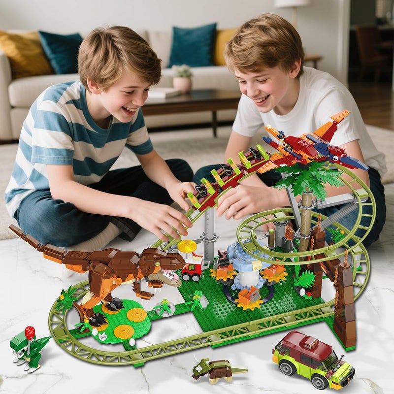 HOGOKIDS Dinosaur Roller Coaster Building Set - 1222 PCS Roller Coaster Building Toy with 4 Dinosaur, Off-Road Vehicle, Food Cart, Dinosaur Models Playset, Gifts for Adults Girls Boys Ages 8-12 Years - Image 3