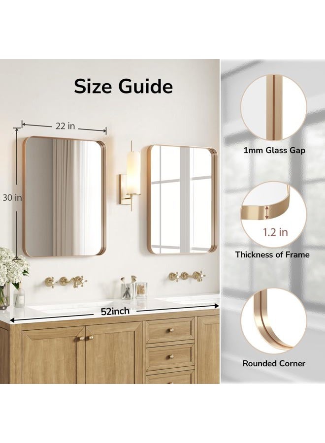 USHOWER Gold Bathroom Mirrors 22"x30" 2 Pack, Brushed Gold Rounded Rectangle Mirrors for Over Sink, Aluminum Frame, Anti-Rust, Tempered Glass, Horizontal or Vertical Mounted - Image 2