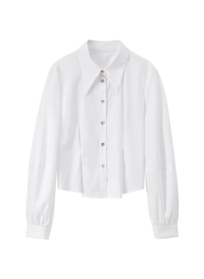 Sentubila Women's Long Sleeve Pointed Collar Shirt Autumn Metal Button Pleated Waist Slim Fit Split Design Short Top - Image 3