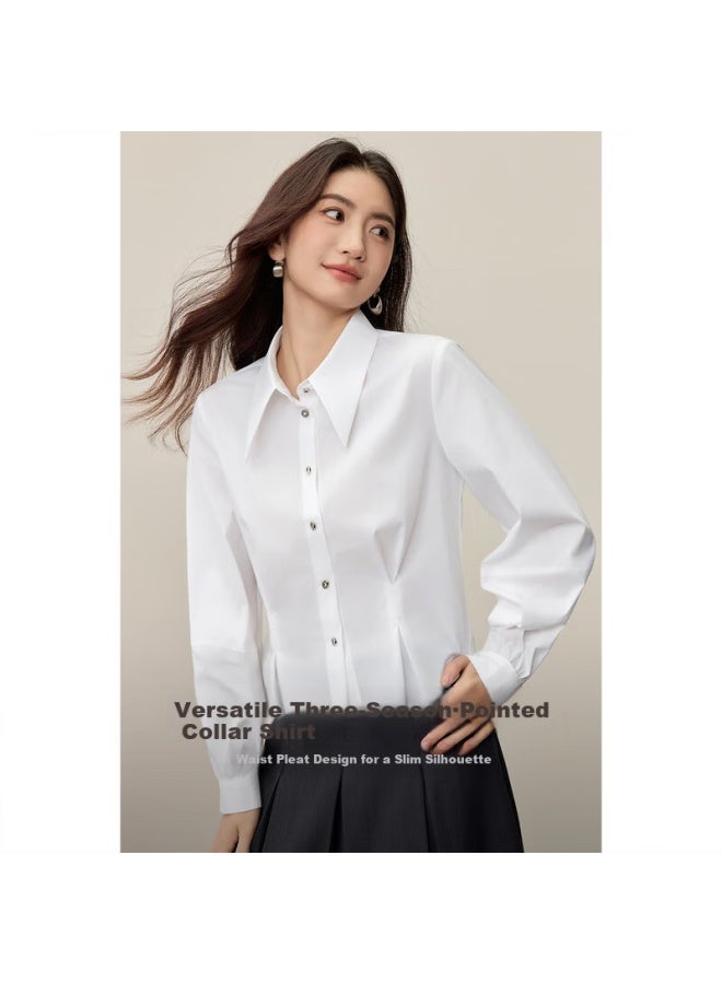 Sentubila Women's Long Sleeve Pointed Collar Shirt Autumn Metal Button Pleated Waist Slim Fit Split Design Short Top - Image 1