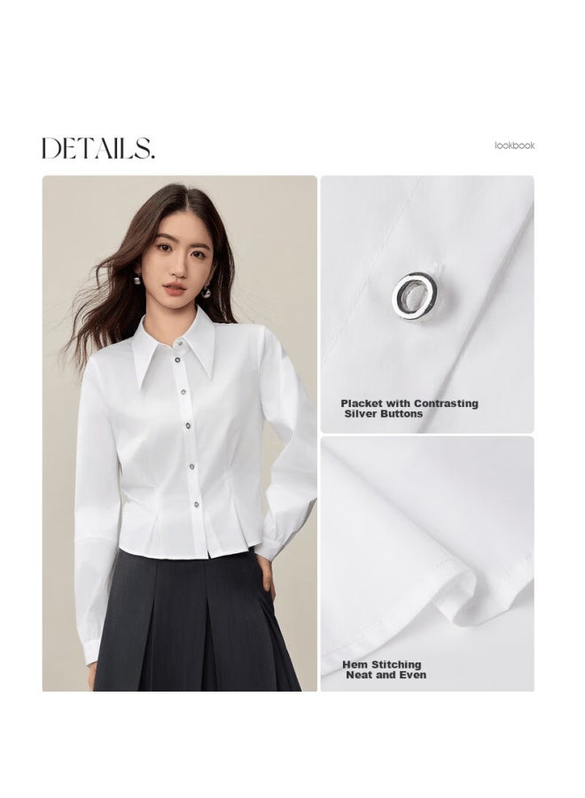 Sentubila Women's Long Sleeve Pointed Collar Shirt Autumn Metal Button Pleated Waist Slim Fit Split Design Short Top - Image 2