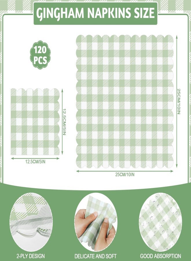 Xiangqu 120 Pcs Green Gingham Napkins, Disposable Sage Green Napkin Scalloped Green Baby Shower Cocktail Napkins Paper Plaid Napkin for Picnic, Wedding, Baby & Bridal Shower,5 x 5 Inches - Image 2