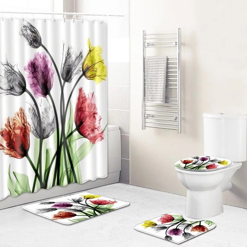 Y&D 3D Printing Design 4 Pieces Bathroom Washroom Waterproof Shower Curtains Toilet Cover Anti-Slip Rug Mat Set - Image 1