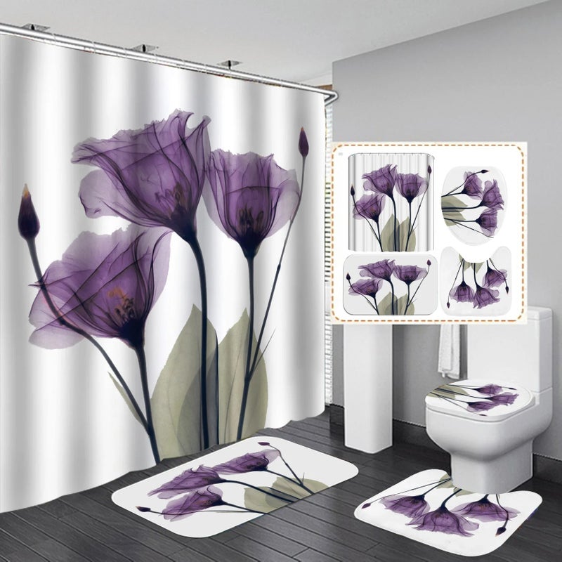 Y&D 3D Printing Design 4 Pieces Bathroom Washroom Waterproof Shower Curtains Toilet Cover Anti-Slip Rug Mat Set - Image 2