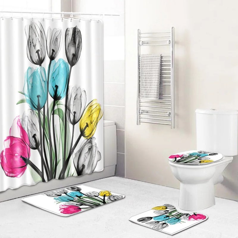 Y&D 3D Printing Design 4 Pieces Bathroom Washroom Waterproof Shower Curtains Toilet Cover Anti-Slip Rug Mat Set - Image 3
