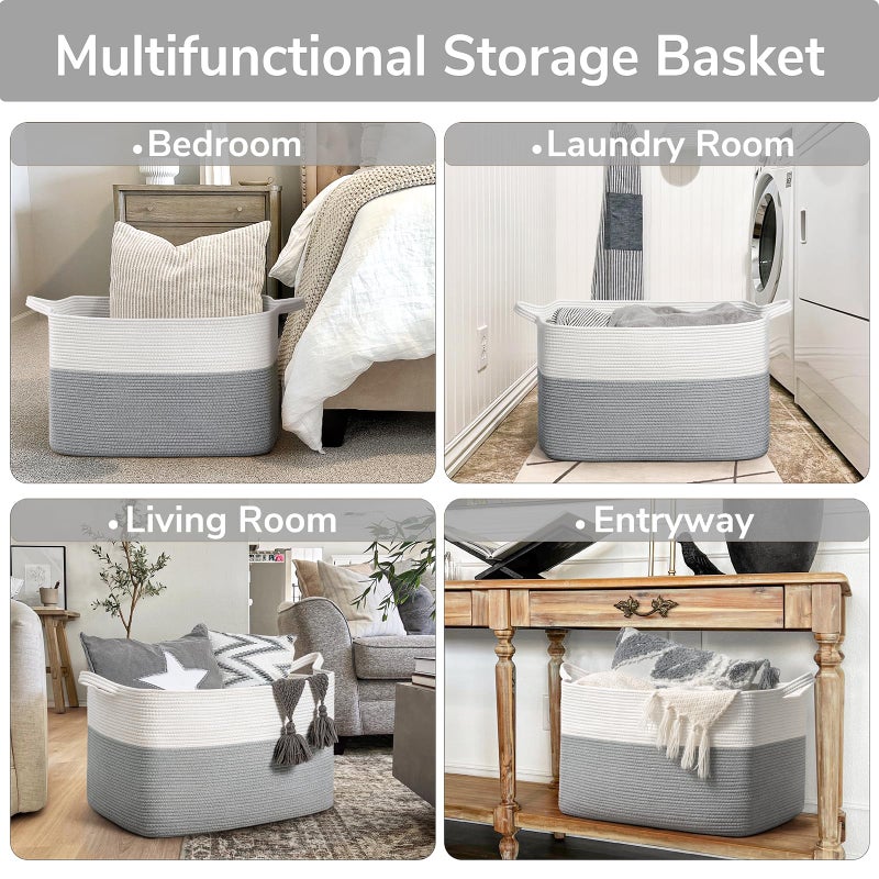 Goodpick Large Blanket Storage Baskets for Organizing, Woven Basket for Blankets, Clothes, Toy Basket Storage Kids, Rectangle Rope Baskets for Storage, 23.6" x 15.7" x 13.8" - Image 4