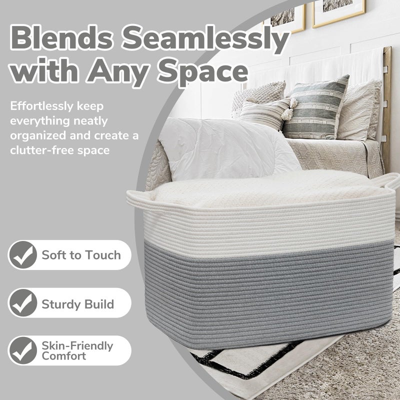 Goodpick Large Blanket Storage Baskets for Organizing, Woven Basket for Blankets, Clothes, Toy Basket Storage Kids, Rectangle Rope Baskets for Storage, 23.6" x 15.7" x 13.8" - Image 5