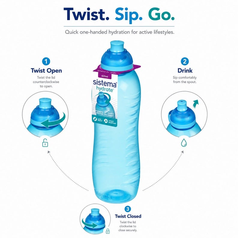 Sistema 620ML Squeeze Water Bottle, BPA Free Leak-Proof Reusable Sports Drinking Bottle, Lightweight Easy-Squeeze Bottle for School, Kids, Gym, Travel & Everyday Hydration - Blue - Image 3