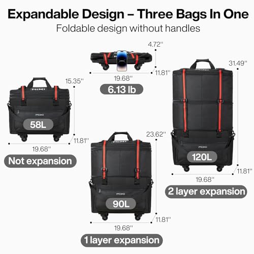 mixi Travel Bag with Wheels Expandable Foldable Luggage Bag Collapsible Rolling Travel Bag Duffel Bag Large Capacity Suitcase for Men Women, Black - Image 2