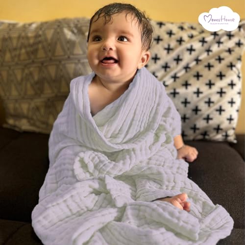 MOM'S HOME Baby Super Soft Absorbent Muslin 6 Layer wash Towel- 100X100 CM - (0-3 Years)- White - Image 4