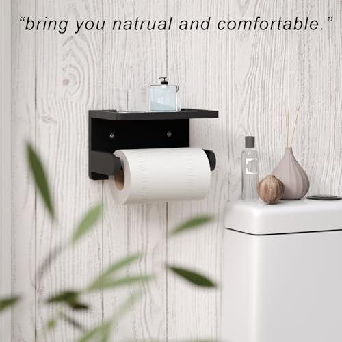 VERTORGAN Toilet Paper Holder with Phone Shelf,Bamboo Wall Mounted Tissue Roll Holder for Bathroom(Black) - Image 3