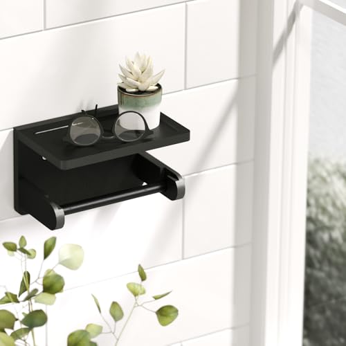 VERTORGAN Toilet Paper Holder with Phone Shelf,Bamboo Wall Mounted Tissue Roll Holder for Bathroom(Black) - Image 2