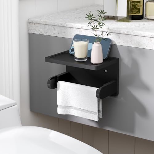 VERTORGAN Toilet Paper Holder with Phone Shelf,Bamboo Wall Mounted Tissue Roll Holder for Bathroom(Black) - Image 4