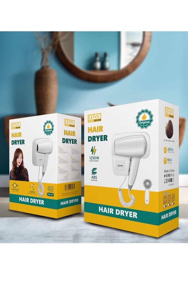 دينكس مجفف شعر احترافي مثبت على الحائط: صغير الحجم، خفيف الوزن، وقوي، بقوة ١٢٥٠ واط - لا يحتاج إلى حفر! إعدادات ساخنة وباردة، إيقاف تشغيل تلقائي، تقنية حبس الرطوبة، تشغيل هادئ. - Image 2