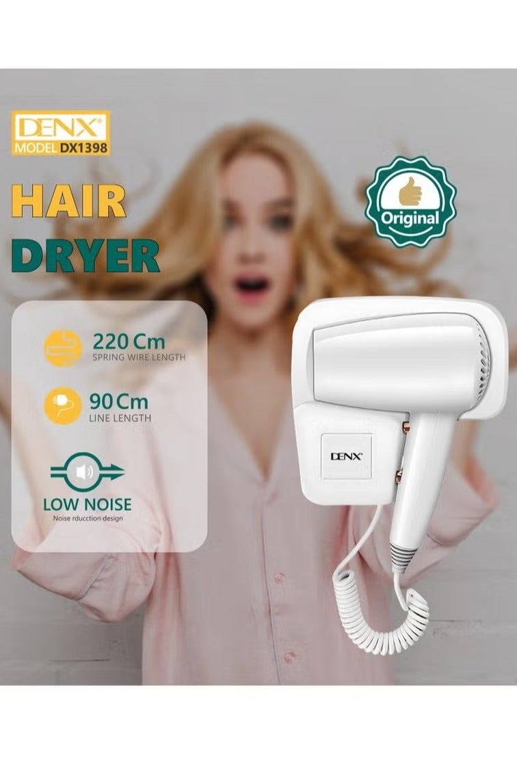 دينكس مجفف شعر احترافي مثبت على الحائط: صغير الحجم، خفيف الوزن، وقوي، بقوة ١٢٥٠ واط - لا يحتاج إلى حفر! إعدادات ساخنة وباردة، إيقاف تشغيل تلقائي، تقنية حبس الرطوبة، تشغيل هادئ. - Image 3