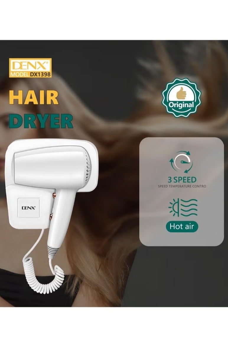 دينكس مجفف شعر احترافي مثبت على الحائط: صغير الحجم، خفيف الوزن، وقوي، بقوة ١٢٥٠ واط - لا يحتاج إلى حفر! إعدادات ساخنة وباردة، إيقاف تشغيل تلقائي، تقنية حبس الرطوبة، تشغيل هادئ. - Image 4