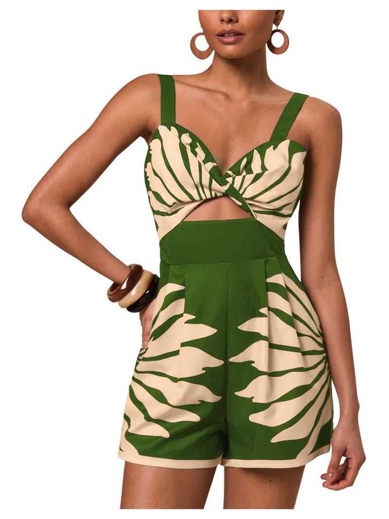 SweatyRocks Women's Cut Out Twist V Neck Romper Sleeveless High Waisted Boho Shorts Jumpsuit Green Medium - Image 1